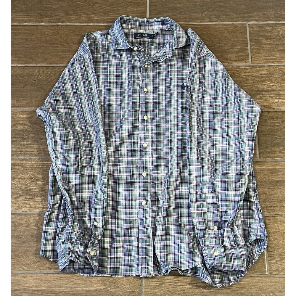 Polo Ralph Lauren Men's Shirt Large Purple Green Plaid Button Up Casual Preppy